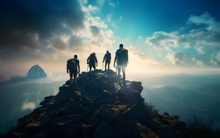 Group of hikers standing on the top of a mountain and watching the sunriseの素材