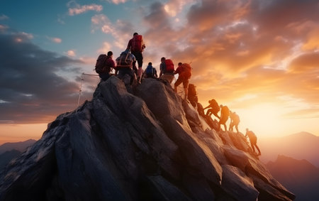 Group of climbers on the top of a mountain during a sunset.の素材