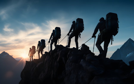 Group of climbers with backpacks climbing a mountain in the sunset.の素材