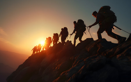 group of hikers with backpacks on the top of the mountain at sunsetの素材