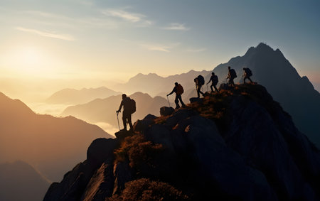 Silhouette of group of hikers on top of a mountain.の素材