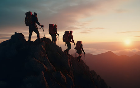 Hikers with backpacks on the top of the mountain at sunset.の素材