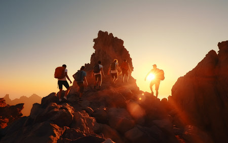 Group of hikers on the top of the mountain at sunset. Travel and tourism concept.の素材