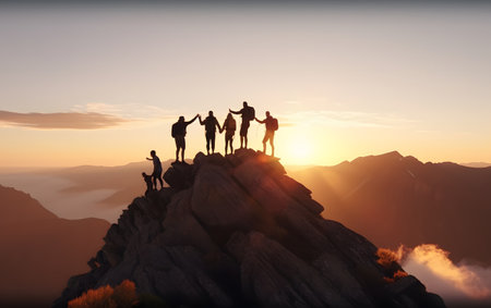 Silhouette of a group of people standing on top of a mountain.の素材