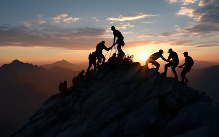 Silhouette of a group of climbers on the top of the mountainの素材