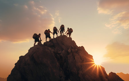 Group of hikers on top of a mountain at sunset. 3d renderingの素材
