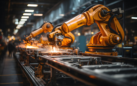 Smart robot arm system in smart factory production line. Concept of artificial intelligence for industrial revolution and automation manufacturing process.の素材