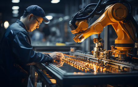 Smart factory worker using advanced robotic arms to make assembly line in factory workshop. Industry and engineering concept.の素材