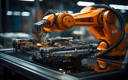 Smart industry robot arms for digital factory production. Concept of artificial intelligence for industrial revolution and automation manufacturing process.の素材