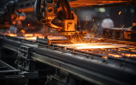 Industrial laser cutting metal with sparks flying in the air at factoryの素材