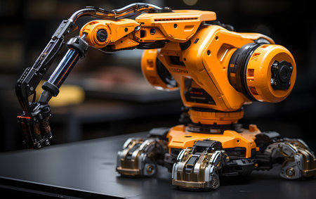 Smart robot arm system in smart factory production line. Concept of artificial intelligence for industrial revolution and automation manufacturing process.の素材