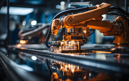 Smart robot arm system in smart factory production line. Concept of artificial intelligence for industrial revolution and automation manufacturing process.の素材