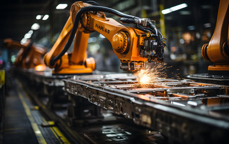 Smart robot arm system in smart factory production line. Concept of artificial intelligence for industrial revolution and automation manufacturing process.の素材