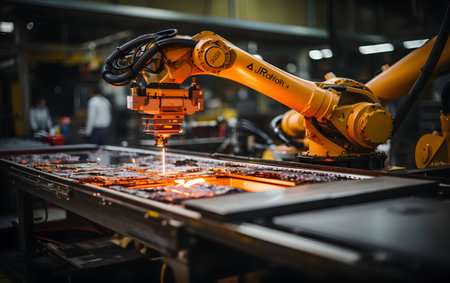 Industrial robot working on assembly line in factory. Smartindustry 4.0 concept.の素材