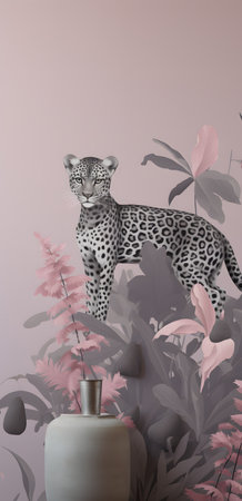 Leopard on a background of tropical plants, 3d illustration.の素材