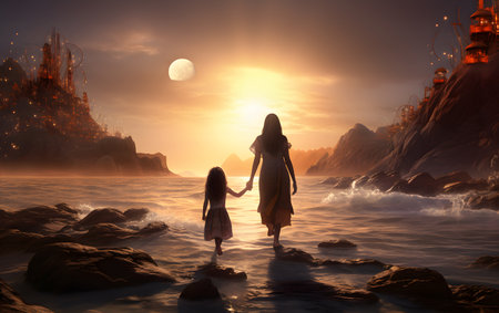 Mother and daughter walking in the sea at sunset. 3d renderingの素材