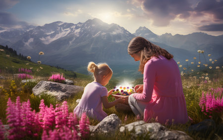 Mother and daughter sitting on the grass with Easter eggs in the mountainsの素材