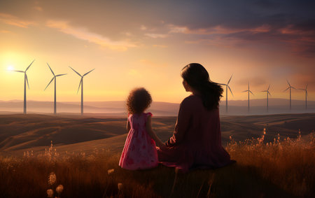 Mother and daughter sitting on the meadow with wind turbines at sunsetの素材