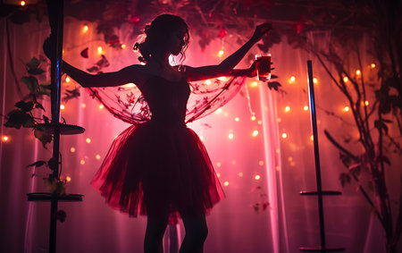 Silhouette of a beautiful ballerina in a red tutu dancing in a night club.の素材