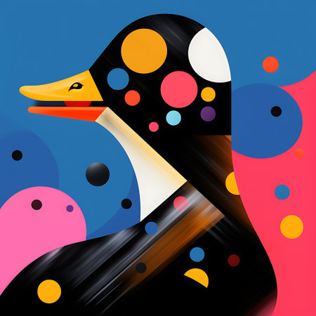 Vector illustration of a black duck on a colorful background with dots.の素材