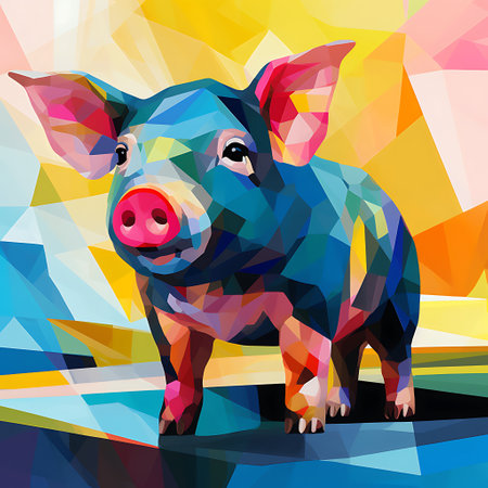 Colorful low poly pig on a colorful background. Vector illustration.の素材