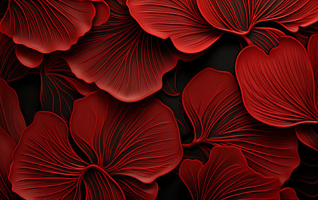 Red flower petals on black background. 3d render illustration.の素材