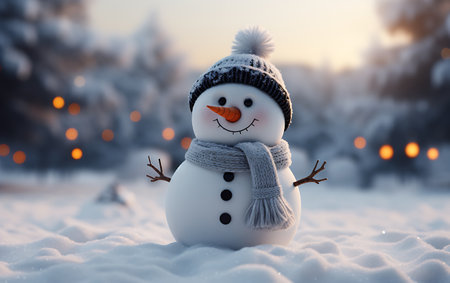 Snowman in the winter forest at sunset. Christmas and New Year concept.の素材