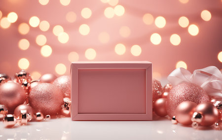 Christmas gift box with red baubles and snowflakes on dark backgroundの素材
