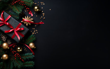 Christmas background with fir tree branches, gift boxes and decorations on black background. Top view with copy spaceの素材