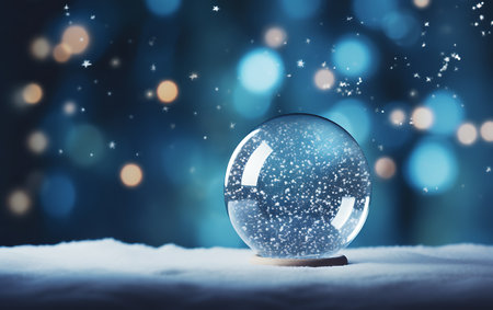 Christmas ball on snow background with bokeh and snowflakesの素材