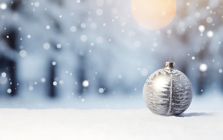 Christmas ball on snow with bokeh background and snowflakesの素材