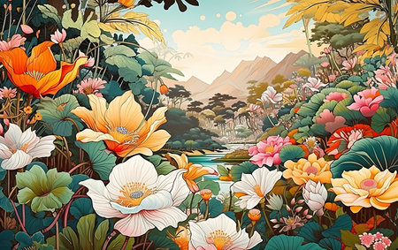Beautiful summer landscape with river and flowers. Cartoon-style illustration.の素材