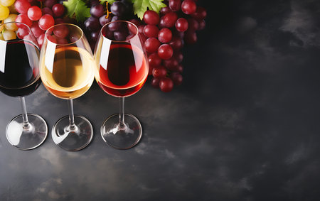 Glasses of different wines on dark background, closeup. Space for textの素材