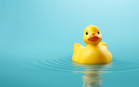 Yellow rubber duck floating in the water on blue sky background with copy spaceの素材