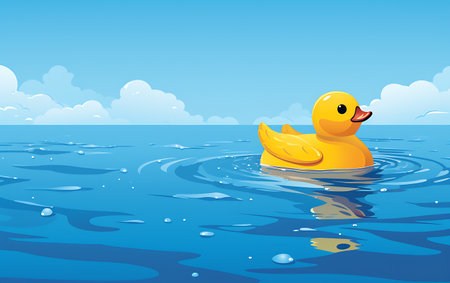 Vector illustration of yellow rubber duck floating in the water with blue sky backgroundの素材
