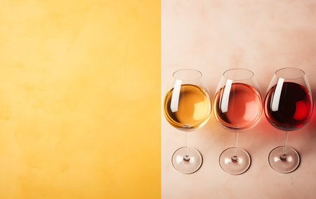 Glasses of red, white and rose wine over yellow and orange backgroundの素材