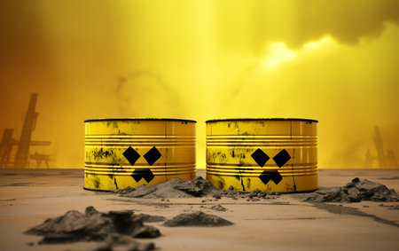 Radioactive waste in yellow barrels on a yellow background. Radioactive waste concept.の素材
