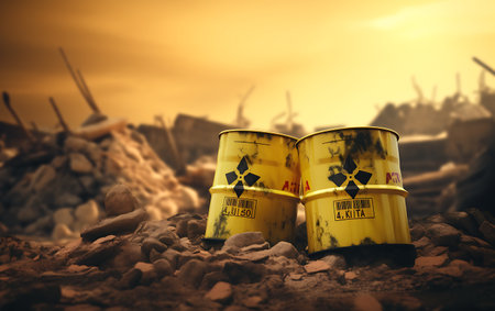 Environmental pollution, environmental disaster concept. Two yellow oil barrels with toxic waste.の素材