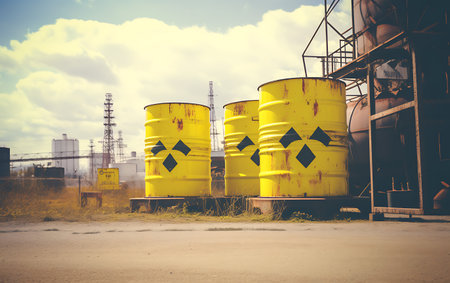 Industrial landscape with yellow barrels of radioactive waste. Toned.の素材