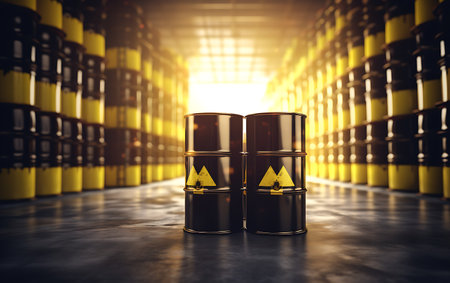 Radioactive waste in yellow barrels on a yellow background. Radioactive waste concept.の素材