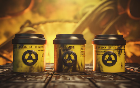 Radioactive waste in yellow barrels on a yellow background. Radioactive waste concept.の素材