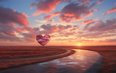 Heart on the road at sunset. Concept of love and romance.の素材