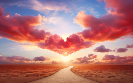 Conceptual cloudscape over desert road at sunset or sunrise backgroundの素材