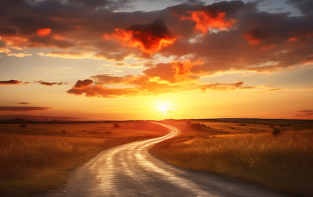 Sunset in the field. Beautiful summer landscape with road and cloudsの素材