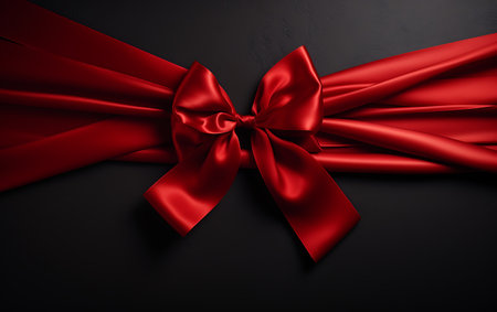 Red satin ribbon with bow on black background. Top view.の素材