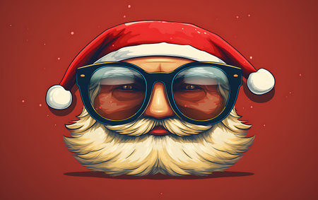 Santa Claus face with sunglasses and beard on red background. Vector illustration.の素材
