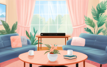 Living room interior with sofa, coffee table, coffee table and plants. Vector illustration.の素材
