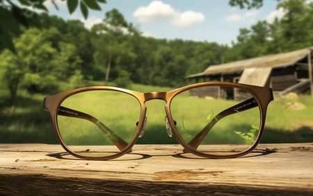 Sunglasses on wooden table in front of blurred nature background.の素材
