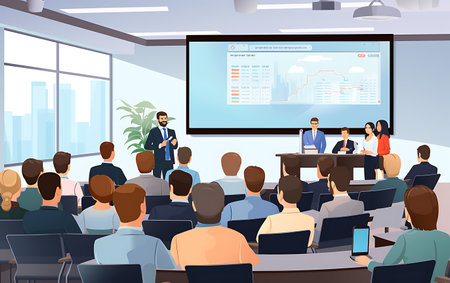 Business conference. Audience in conference hall or seminar room. Presentation of business project. illustrationの素材