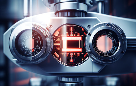 Close-up of modern microscope. 3d rendering toned image double exposureの素材